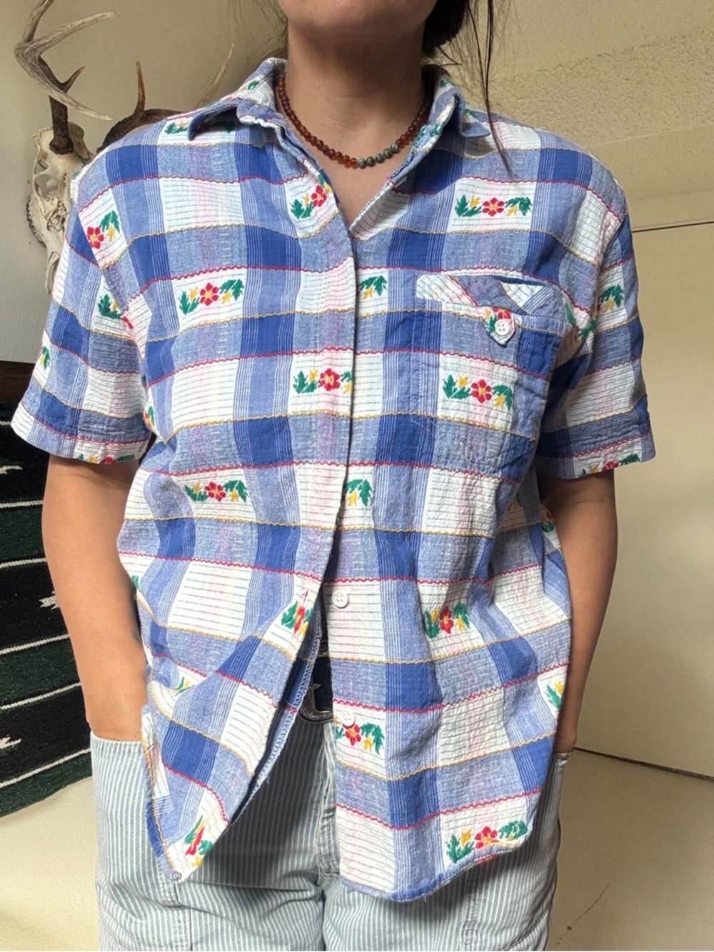 Blue Checked Short-Sleeve Button-Down Shirt with Floral Embroidery
